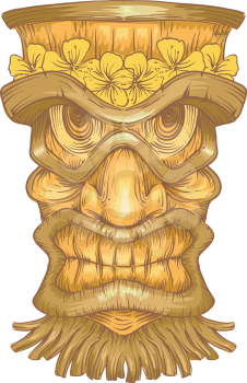 Illustration of a Golden Wooden Statue with Tiki Carvings