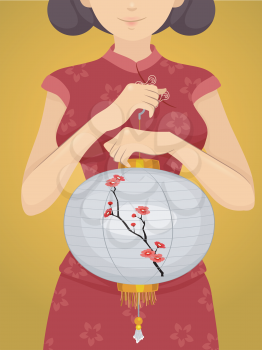 Illustration of a Chinese Girl in a Cheongsam Carrying a Chinese Lantern