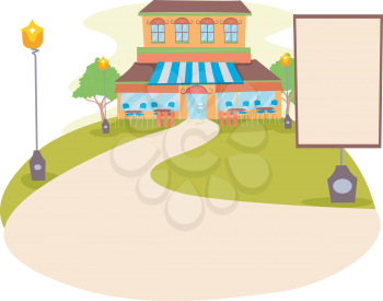 Illustration of a Restaurant with a Blank Sign Standing by the Driveway