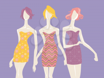 Illustration of Mannequins Modeling Dresses with Colorful Prints