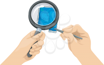 Illustration of a Stamp Collector Using a Magnifying Glass to View a Stamp