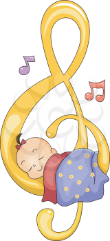 Illustration of a Baby Girl Sleeping Peacefully on a G-clef