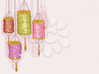 Colorful Illustration of Paper Lanterns Against a Pink Background