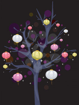 Illustration of Colorful Lanterns Hanging from a Tree Covered in Darkness