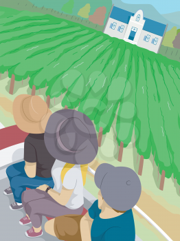 Illustration of a Group of Tourists Touring a Vineyard