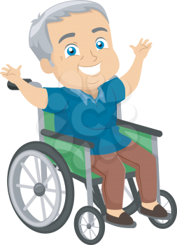 Illustration of a Happy Elderly Man in a Wheelchair Waving His Arms Happily