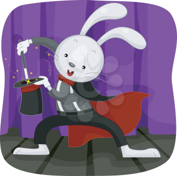 Illustration of a Magician Wearing a Bunny Mask Performing a Trick