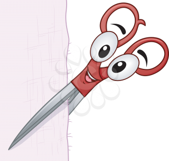 Mascot Illustration of a Pair of Scissors Cutting Through a Piece of Fabric