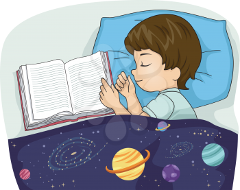 Illustration of a Tired Kid Boy Sleeping Beside a Book