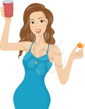 Illustration of a Girl Holding a Cup of a Beer and a Ping Pong Ball