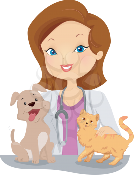 Illustration of a Female Veterinarian Examining a Cat and Dog