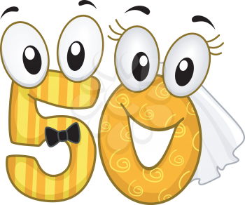 Mascot Illustration of the Numbers 5 and 0 Wearing a Bridal Gown and a Suit