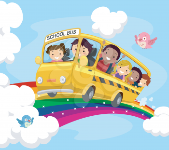 Stickman Illustration of Kids on a School Bus Riding Over the Rainbow