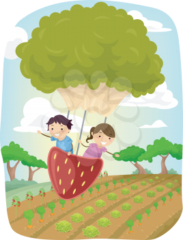 Stickman Illustration of Kids Riding a Strawberry and Lettuce Shaped Balloon