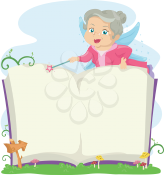 Illustration of a an Elderly Fairy Opening a Book