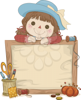 Illustration of a Rag Doll Sitting Behind a Wooden Frame