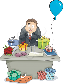 Illustration of a Businessman Sitting Behind a Table Full of Presents