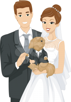Illustration of a Newly Married Couple Taking a Picture with Their Dog