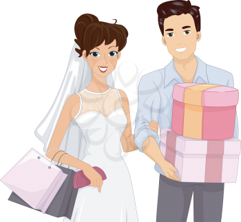 Illustration of a Married Couple Carrying Wedding Gifts