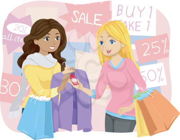 Illustration of a Teenage Girl Buying a Discounted Shirt
