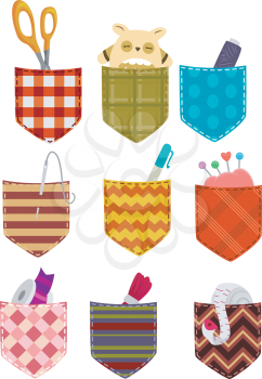 Illustration of Colorful Pockets Filled with Sewing Elements