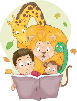 Illustration of a Boy Reading a Storybook with Wild Animals