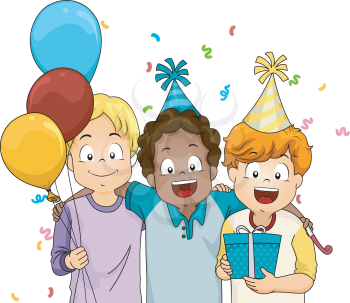 Illustration of Boys Giving a Friend a Surprise Birthday Gift