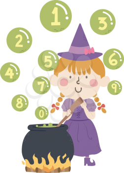 Illustration of a Kid Girl with Witch Costume Stirring Cauldron with Bubbles Floating Above with Numbers