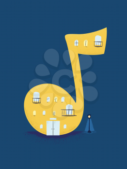 Illustration of a Music Store or School Shaped as a Music Note Building