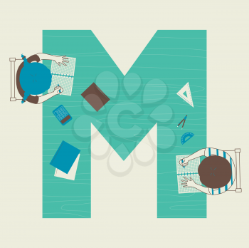 Illustration of Kids Students Solving Math Problems on Letter M Table