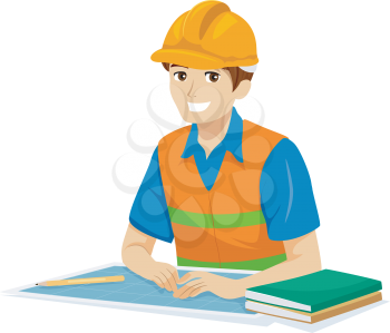 Illustration of a Teenage Guy Engineering Student Wearing Yellow Hard Hat with Blueprint and Books on Table