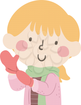 Illustration of a Kid Girl Getting Ready and Wearing Mittens in Winter