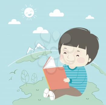 Illustration of a Kid Boy Reading a Book While Sitting on Top of an Island with the World Doodle
