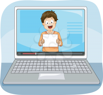 Illustration of a Kid Boy Holding Up a Blank Sign in a Video Being Played from a Laptop