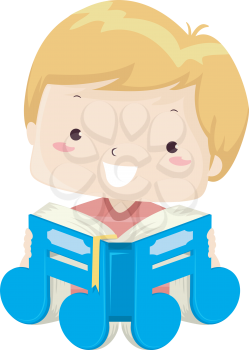 Illustration of a Kid Boy Reading a Book Shaped as a Music Note