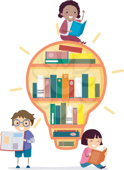 Illustration of Stickman Kids Reading a Book Around a Light Bulb Shaped Book Shelf