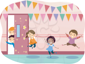 Illustration of Stickman Kids Jumping Happily with Classroom Decorations