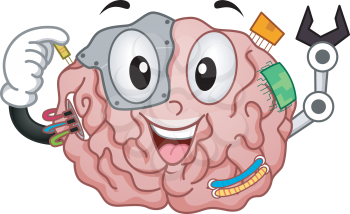 Illustration of a Brain Mascot Cyborg with Chips, Wires, Metal  and Screws