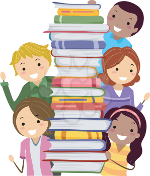 Illustration of Stickman Parents Man and Woman Holding a Stack of Books for School Book Fair