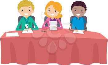 Illustration of Parents and Teachers School Committee Representatives Sitting Down In a Long Table as Judges