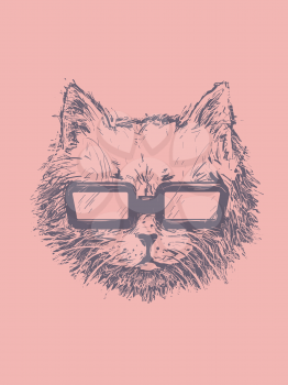 Sketch Illustration of a Cat Head Wearing Sunglasses
