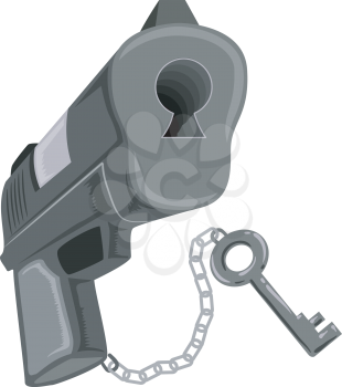 Illustration of a Gun with a Lock and Key. Gun Safety Concept