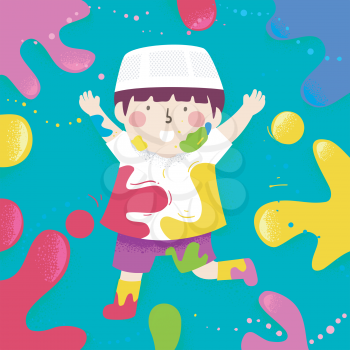 Illustration of a Muslim Kid Boy Wearing White Shirt and Playing with Color Splats Around