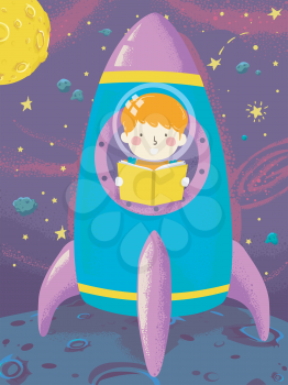 Illustration of a Kid Boy Reading a Book While Inside a Space Ship In Outer Space