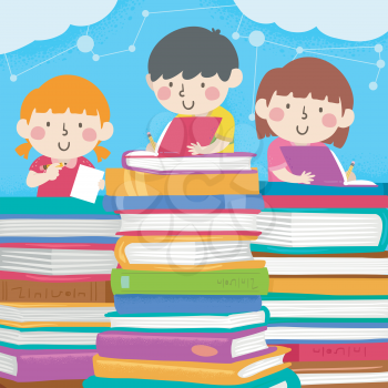 Illustration of Kids Writing Notes on Top of a Stack of Books