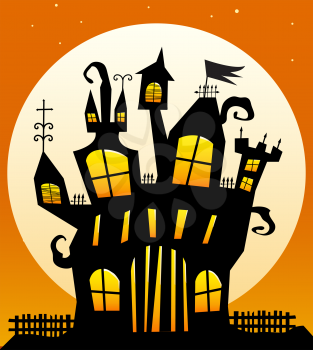 Royalty Free Clipart Image of a Haunted House With a Moon in the Background