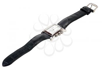 Watch with a leather strap on a white background.