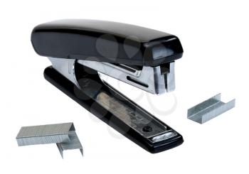 Black stapler and staples to him, isolated