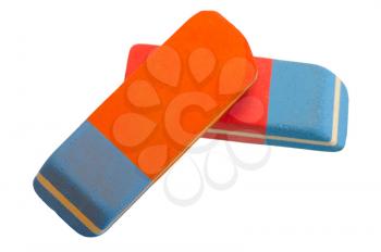 Two red and blue eraser on a white background, isolated