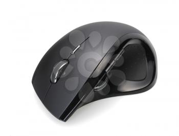 Modern black wireless computer mouse on white background, isolated
